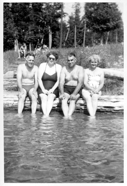 1951-07xx - Paul-Gladys-Two Others dangling feet in beaver lake