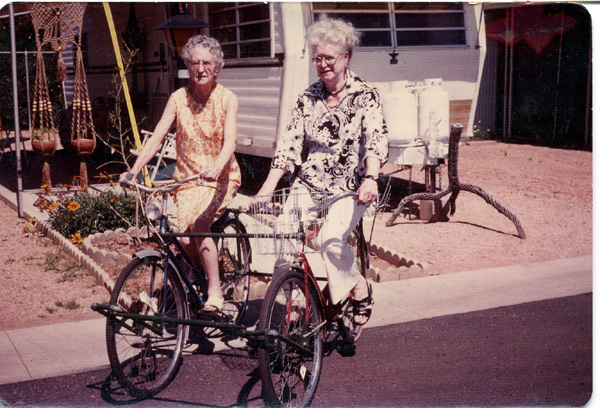 1979-0314 - Mabel - Gladys riding double bike